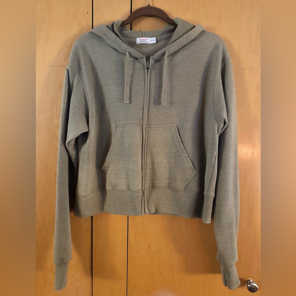 Hanes Sage Green Full-Zip Cropped Hoodie Size S